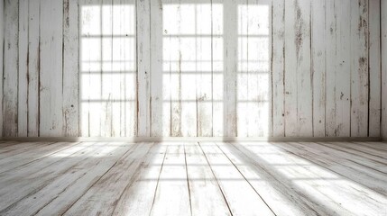 Poster - Bright and airy interior showcasing a white wooden wall and floor with natural light casting shadows through multiple windows.