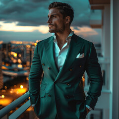 Poster - A man standing in a penthouse, in a dark green suit with a white shirt.