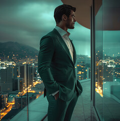 Poster - A man standing in a penthouse, in a dark green suit with a white shirt.