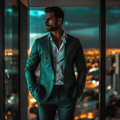 Canvas Print - A man standing in a penthouse, in a dark green suit with a white shirt.