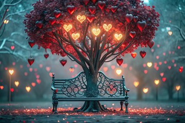 Wall Mural - A beautiful fantasy heart-shaped tree shining among the trees in the park and a bench for lovers on a fabulous background in the bokeh style.