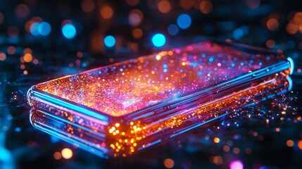 Fototapete - A futuristic smartphone with a vibrant holographic display sits on a reflective surface, surrounded by shimmering lights, creating a mesmerizing cosmic experience at night