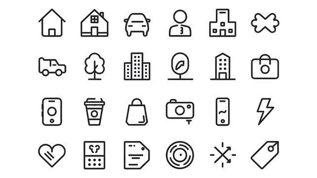 A collection of line icons. There are icons of a heart, a brain, a light bulb, a coffee cup, a house, a car, a building, a tree, a phone, and a camera. The icons are in black and white.