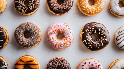 Sticker - Assorted donuts displayed on a white background showcasing various textures and toppings for a vibrant food concept image.