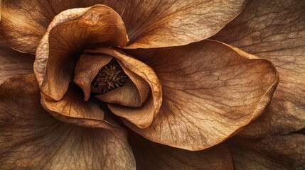 Canvas Print - Dried magnolia flower macro photography showcasing intricate textures and natural details in warm earthy tones