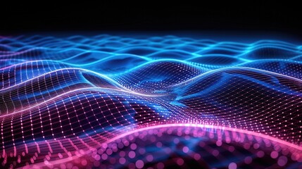 Leinwandbilder - Abstract glowing waves in a grid pattern, rendered in neon blue and purple tones against a black backdrop, futuristic and tech-inspired design.