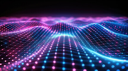 Poster - Abstract glowing waves in a grid pattern, rendered in neon blue and purple tones against a black backdrop, futuristic and tech-inspired design.