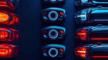 Aufkleber - Vibrant assortment of LED car headlights and tail lights is neatly arranged on a dark surface, creating a visually striking display. Generative AI