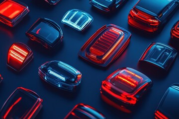 Aufkleber - Display of assorted LED car headlights and tail lights showcases unique designs and colors on a dark background, creating a modern aesthetic. Generative AI