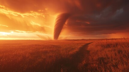 A tornado moving across a prairie at night, with the dark sky illuminated by occasional flashes of lightning