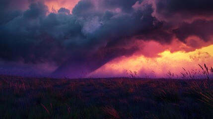 A tornado moving across a prairie at twilight, with the sky filled with dark clouds and the last light of day fading