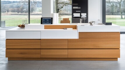 Poster - A professional hospital counter setup with white and natural wood materials, offering a digital screen for service details.