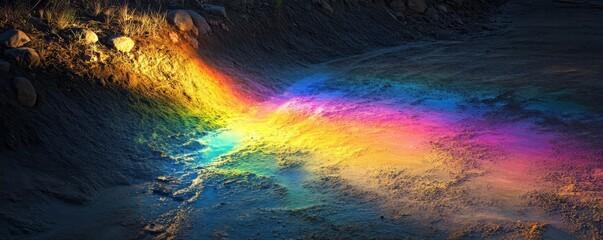 Wall Mural - a beam of rainbow light shines on the ground, creating an abstract composition.