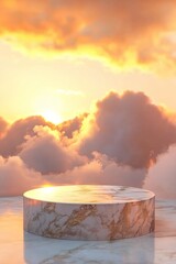 Wall Mural - A marble podium with a golden cloud against a sunset sky background, for product display presentation.