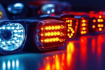 Aufkleber - Various LED car headlights and tail lights are carefully arranged, showcasing the vibrant colors and designs while leaving space for added text. Generative AI