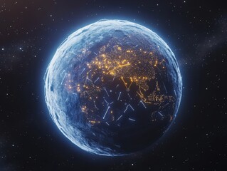 Wall Mural - glowing planet with city lights and starry background