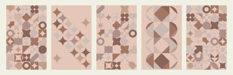 Aufkleber - Mocha Mousse color background 2025 Year. Seamless coffee color pattern in Geometric style. Brown abstract shapes background in swiss style. Vector illustration