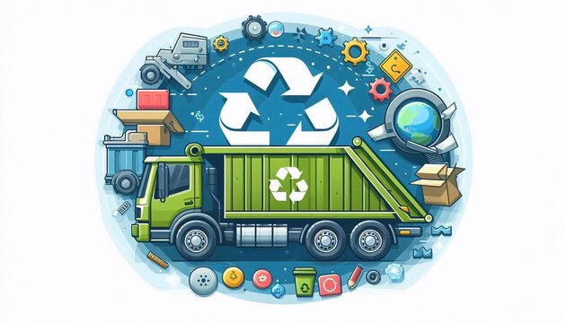 Illustration of garbage truck with recycling symbol representing waste management and recycling
