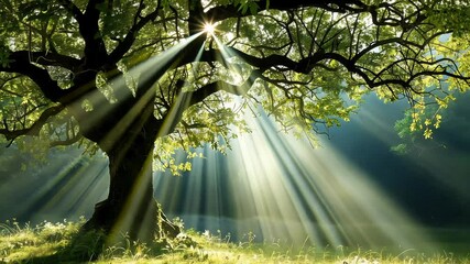 Poster - Sunlight filtering through lush green tree in serene forest, tranquil atmosphere. Nature and relaxation concept