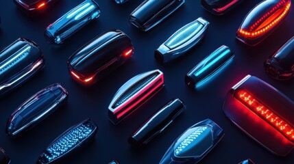 Aufkleber - Various LED car headlights and tail lights are organized neatly against a dark background, leaving room for additional text or graphics. Generative AI