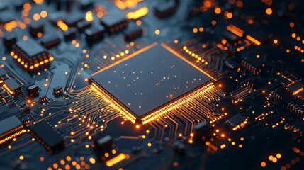 Aufkleber - Close-up view reveals a complex circuit board filled with interconnected components. Bright orange lights shine from various sections, showcasing the intricate design and technology at work