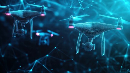Poster - Abstract representation of futuristic drone technology, featuring digital wireframe drones with a blue neon glow, set against a polygonal low poly background with connecting dots and lines.
