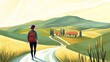 © Simon - Scenic countryside, rolling hills, person walking, rural landscape, cozy houses in nature, peaceful outdoor scene
