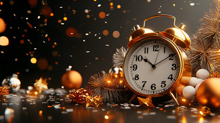 Poster - A golden alarm clock surrounded by festive decorations and sparkles, symbolizing celebration and the passage of time