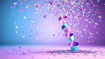 Poster - Colorful confetti spirals upwards against a gradient background, creating a festive and celebratory atmosphere