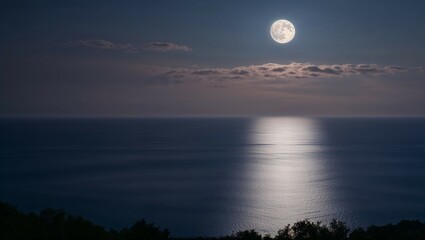 Wall Mural - Golden moonlight bathes the tranquil lake, reflecting the full moon in the misty night sky