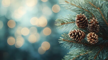 Canvas Print - Evergreen pine branches decorated with small pine cones against a softly blurred bokeh background effect creating a serene scene.