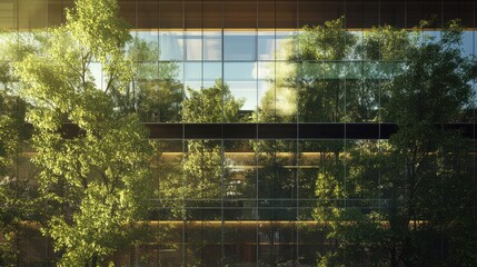 Poster - Exemplifying the ESG - Environmental, Social, Governance concept, a corporate glass building facade reflects green trees. Importance of integrating sustainability into business practice