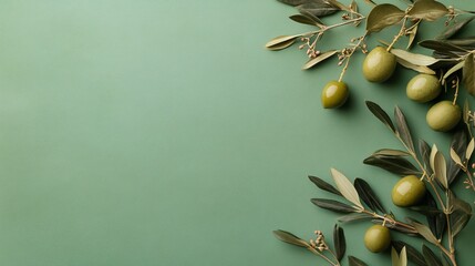 Sticker - Green background with Olives, Olive Branches on Green Surface, Nature Inspired Background for Stock Photo, Botanical Elements