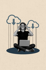 Aufkleber - Composite trend artwork sketch photo collage of young guy sit work laptop cloud browsing download fast speed hotspot wifi internet online