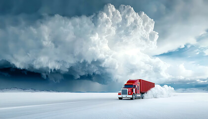 Poster - Logistics disruption in supply chain truck transport amidst extreme weather conditions in a snowy landscape