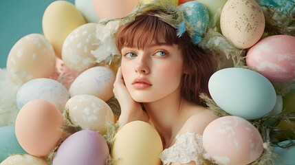 Young woman surrounded by colorful easter eggs in spring setting