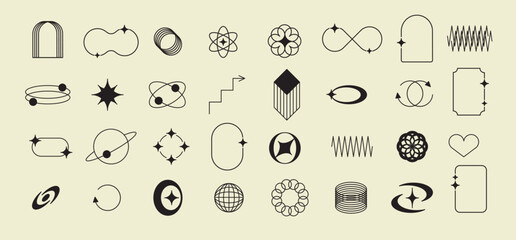 Fototapete - Pixels and geometric line elements set. Y2k trendy stickers. Mood of 90's aesthetics. 8-bit retro style vector illustration. Blue background. Simple geometric form, arrow, symbol, icon