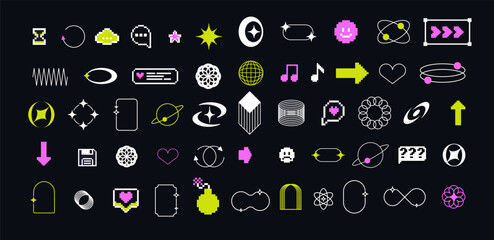 Fototapete - Pixels and geometric line elements set. Y2k trendy stickers. Mood of 90's aesthetics. 8-bit retro style vector illustration. Blue background. Simple geometric form, arrow, symbol, icon