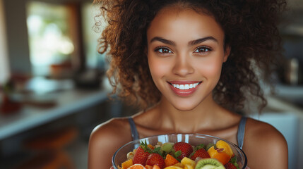 Young happy woman eating breakfast and fruits in kitchen in the morning