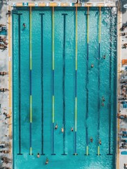 Aufkleber - Swimmers glide through lanes in a bright, inviting swimming pool surrounded by sunbathers and deck chairs on a warm day. Generative AI