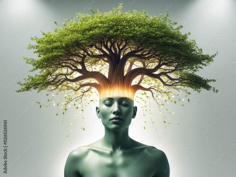 A surreal image of a tree growing from the head of a person ...