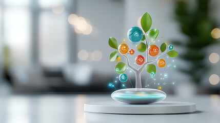 Poster - Digital tree of life modern office 3d art bright interior eye-level view sustainability concept for eco-friendly design