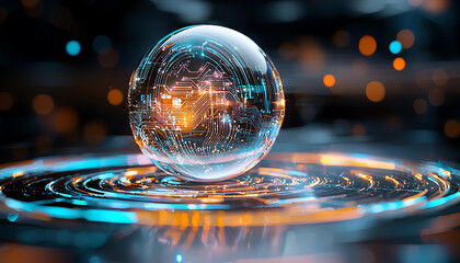 Poster - Futuristic technology sphere floating in a digital environment abstract art high-tech setting close-up view visual innovation