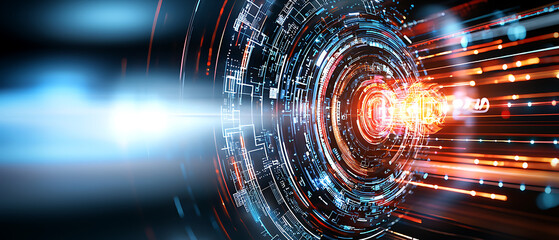 Poster - Dynamic light trails representing data flow in a futuristic digital environment abstract vibrant energetic viewpoint