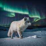 A white Arctic fox standing on a snowy hill under the northern lights.

