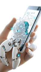Poster - Robotic hand interacting with smartphone futuristic technology scene digital innovation close-up perspective modern concept