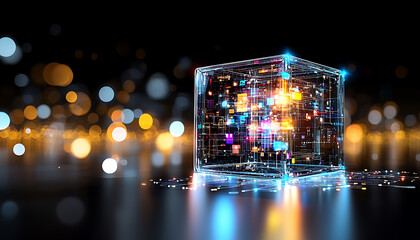 Poster - Futuristic neon cube digital realm 3d artwork dark background abstract viewpoint quantum technology concept