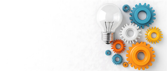 Poster - Innovative ideas unleashed light bulb and gears concept for business growth creative environment top-down view for seo impact