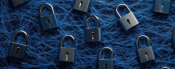 Poster - Metallic padlocks on blue network background cyber security hacking concept technology