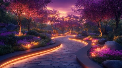 illuminated pathway winding through a vibrant, purple twilight garden.